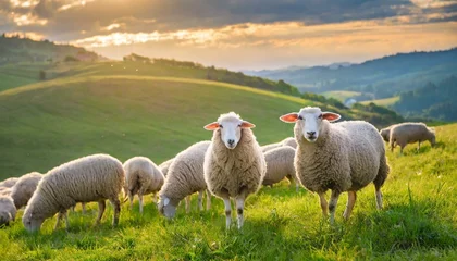 Poster Sheeps in a meadow on green grass at sunset. Portrait of sheep. Flock of sheep grazing in a hill.   © adobedesigner