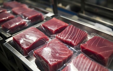 Raw fresh tuna meat in vacuum-sealed in clear plastic on conveyor belt in food factory,close up