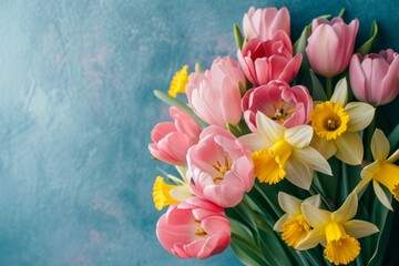 Fototapeta na wymiar spring bouquet with pink and yellow tulips and daffodils on blue wall background Generative AI