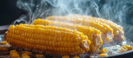 Corn being steamed with melted butter, including a clipping path on the corn.