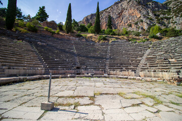 Ancient amphitheater of Delphi. Archaeological site in Greece. Greek religious sanctuaries to the god Apollo. UNESCO World Heritage. View of ancient Delphi theater.