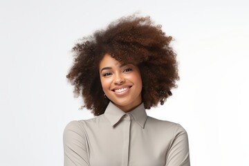 Naklejka na ściany i meble Confident, stylish and attractive young Afro-Black woman exudes happiness professionalism in a stock photo, dressed in business casual attire suitable for the office. Generative AI.