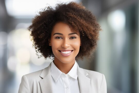 Confident, stylish and attractive young Afro-Black woman exudes happiness professionalism in a stock photo, dressed in business casual attire suitable for the office. Generative AI.