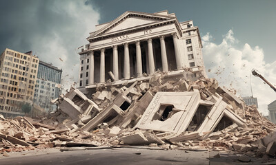 Bank collapse. A bank or financial institution, going down failing or collapsing - obrazy, fototapety, plakaty