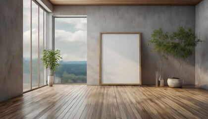 Poster frame with glass mockup closed on empty interior background, modern wooden floor texture, 3d rendering