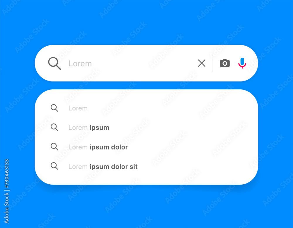 Aufkleber Search Bar with suggestions for UI UX design and web site. Search Address and navigation bar icon. Collection of search form templates for websites. Search engine web browser window template.