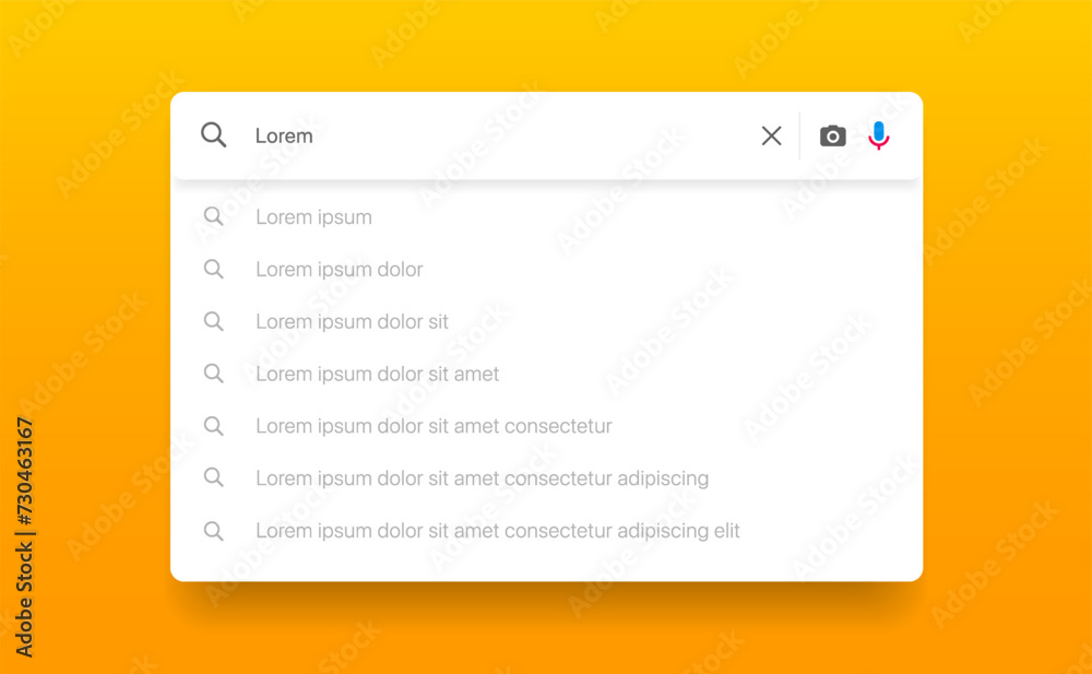 Poster Search Bar with suggestions for UI UX design and web site. Search Address and navigation bar icon. Collection of search form templates for websites. Search engine web browser window template.
