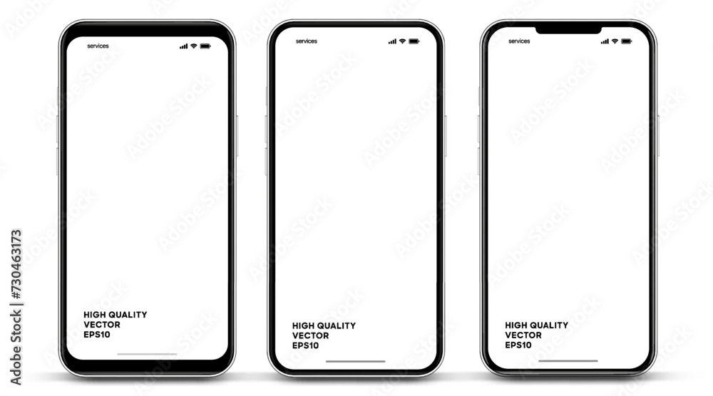 Poster 3D realistic high quality smartphone mockup with isolated background. Smart phone mockup collection. Device front view. 3D mobile phone with shadow on white background.