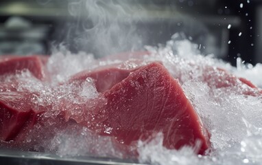 Fresh raw tuna fish cut into pieces on ice