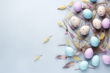 Background for the Easter holiday with Easter eggs, in pastel colors