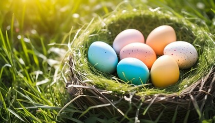Fototapeta na wymiar Nest with easter eggs in grass on a sunny spring day - Easter decoration, banner, panorama, background with copy space, happy easter day concept backgrounds created with generative ai