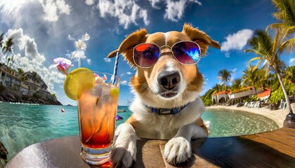 Dog Enjoying a Cocktail in the Pool