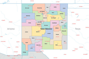 Colorful political map of the counties that make up the state of New Mexico located in the United States.