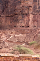 Rock cut tombs at the Dadan visitor center, site of an ancient kingdom.