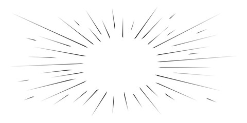 Black radial lines on white background. Boom, burst, explosion, flash rays effect in manga comic book. Surprise, impact, attention, superhero phenomenon anime design. Vector graphic illustration
