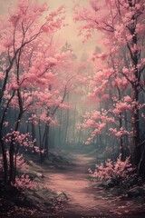 Digital art in mix media style, A vibrant forest full of blossom with a vintage look.