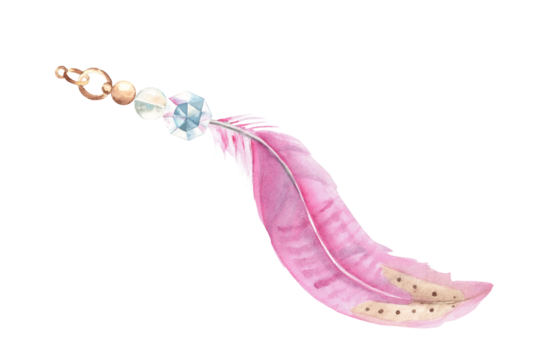 Watercolor composition from pale pink feather and glass beads isolated on white background, hand drawn illustration. Design element for decoration, dream catcher, cards and textile prints.