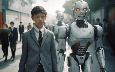 Man in Suit Standing Next to Robot