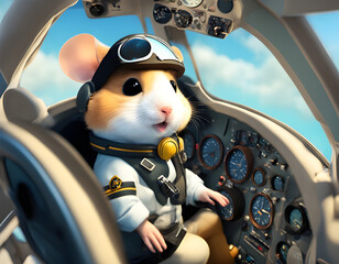 A hamster piloting a plane in a cockpit.