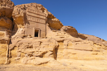 Nabatean rock cut ruins at the Hegra archaeological area.