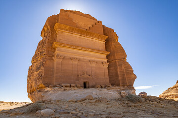 Nabatean rock cut ruins at the Hegra archaeological area.