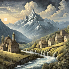 Dreamlike painting of an old village with medieval buildings,snowy mountains, clouds and raging river.  - obrazy, fototapety, plakaty