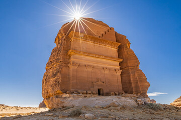 Nabatean rock cut ruins at the Hegra archaeological area.