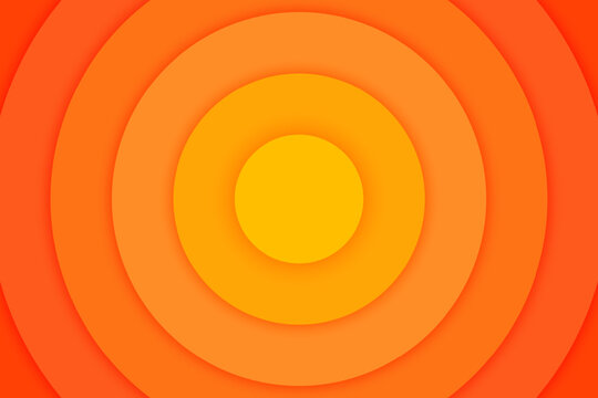 Orange concentric circles banner. Sun, sunlight, sunrise, sunburst background. Ripples, impact, epicenter, radar, target, sonar wave wallpaper. Vector illustration with paper cut effect.