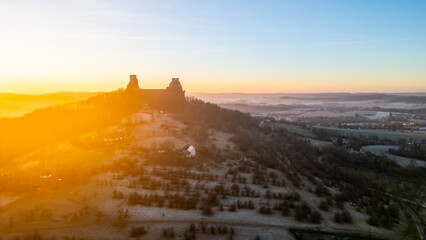 Trosky medieval castle ruins at cold morning sunrise time. Bohemian Paradise, Czech: Cesky raj,...