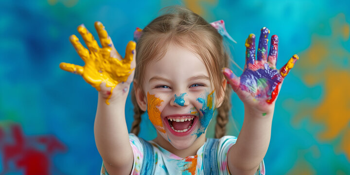 litle cute girl showing her  hand what is dirty of paint and her face full of joy