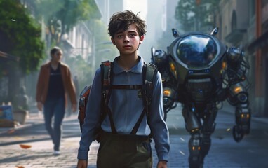 Boy Walking Down Street Next to Robot