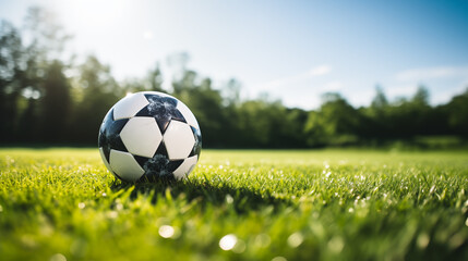 Football or soccer ball on the green grass