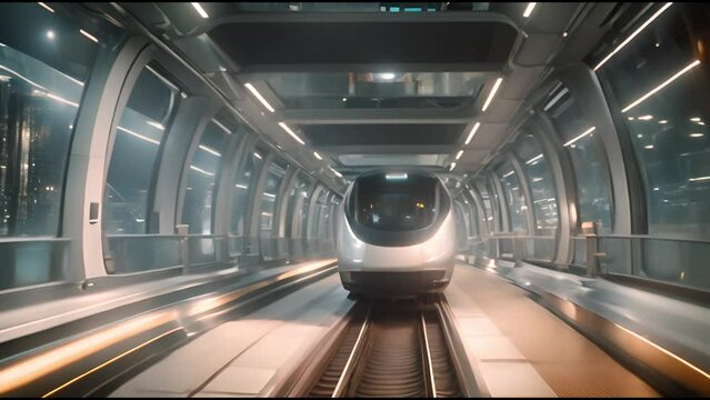 Modern high-speed train moving through a futuristic tunnel with city lights visible outside the windows