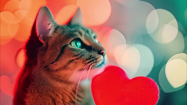 Close-up of a tabby cat with striking blue eyes next to a red heart against a backdrop of soft bokeh lights