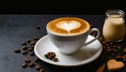 Fototapeta premium Coffee Latte with a Heart Pattern . black background 
