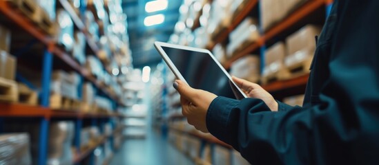 Worker hands holding tablet to checking stock on blurred warehouse background. AI generated image - obrazy, fototapety, plakaty