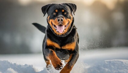 Cute rottweiler dog running and playing in the snow portrait - obrazy, fototapety, plakaty