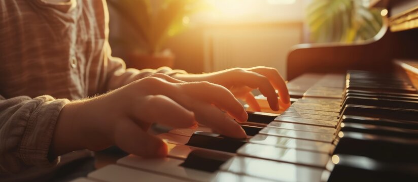 Father and her son learning piano together at home. AI generated image