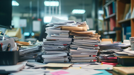 A cluttered office space showing an overwhelming amount of documents and paperwork piled on a desk. - obrazy, fototapety, plakaty