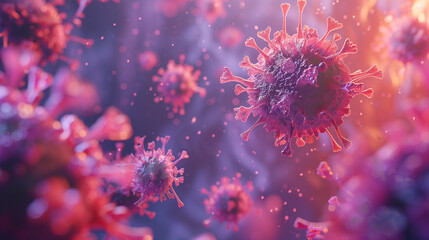 A highly detailed microscopic view of virus particles highlighted against a vivid and colorful out-of-focus background.