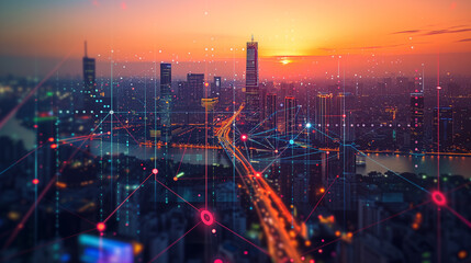 Futuristic smart city with digital network connection lines and nodes overlaying an urban skyline during a vivid sunset. - obrazy, fototapety, plakaty