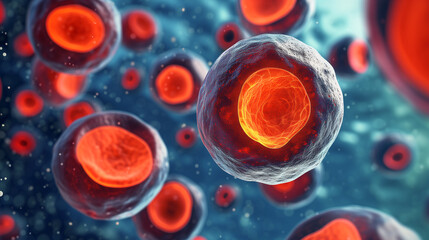 Digital illustration of human cells magnified, showing cellular structure and details for scientific education.