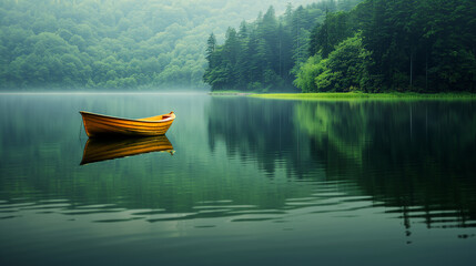 A single wooden boat floats on a serene lake surrounded by a dense green forest in a tranquil morning setting.