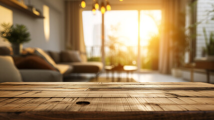 Cozy modern living room interior bathed in the warm glow of the sunset, focusing on a wooden table surface.