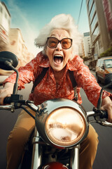 Cool grandma with funny face riding a bike on the streets. High quality photo - obrazy, fototapety, plakaty