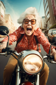 Cool grandma with funny face riding a bike on the streets. High quality photo