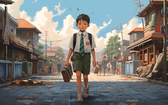 Painting of a Boy Walking Down a Street