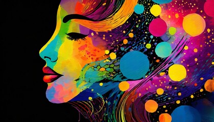 Abstract vibrant colorful background texture with a face silhouette. black background.