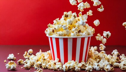 Spilled popcorn on a red background, cinema, movies and entertainment concept 