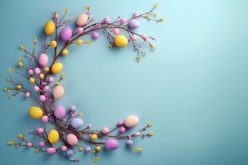 Background for the Easter holiday, frame with Easter eggs and flowers, in pastel colors